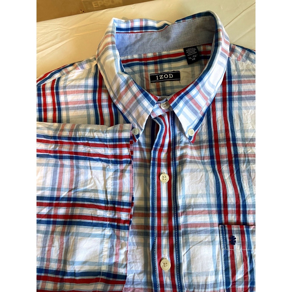 IZOD Mens XL Short Sleeve Button Down Shirt Red White Blue Plaid Pocket Logo